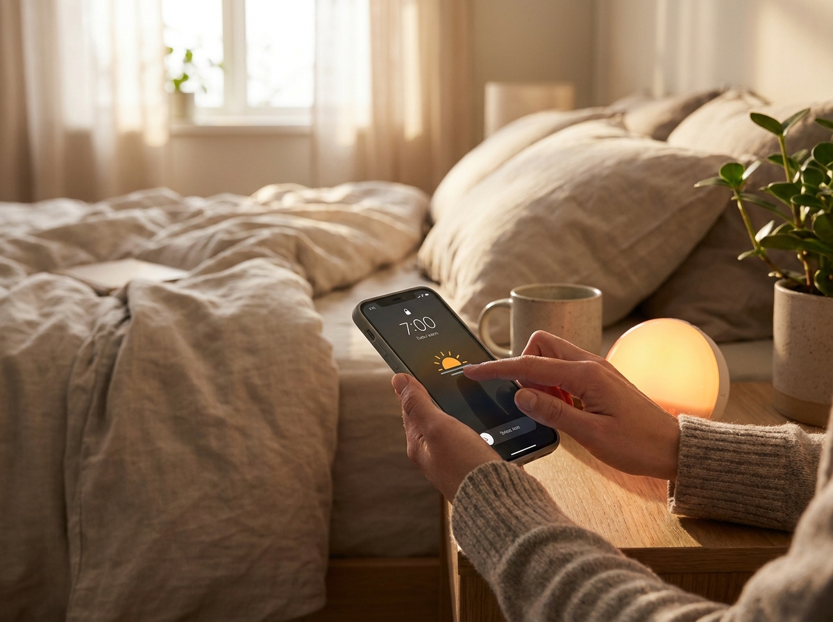 Ein Telefonalarm wird neben einem Sonnenaufgangswecker stummgeschaltet