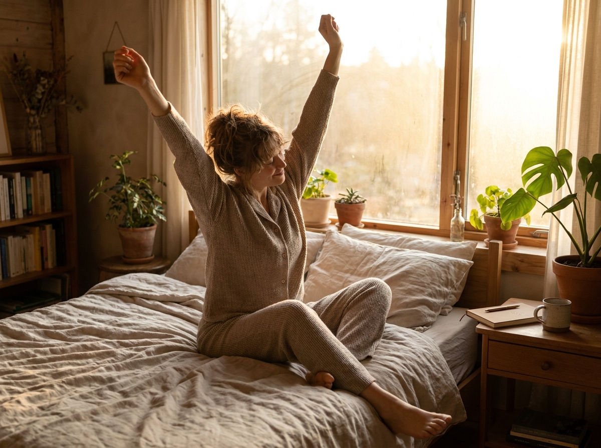 Eine Person streckt sich bequem im Bett, während sanftes Sonnenaufgangslicht den Raum erfüllt