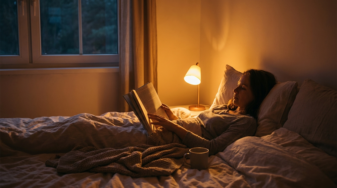 Person liest nachts im Bett