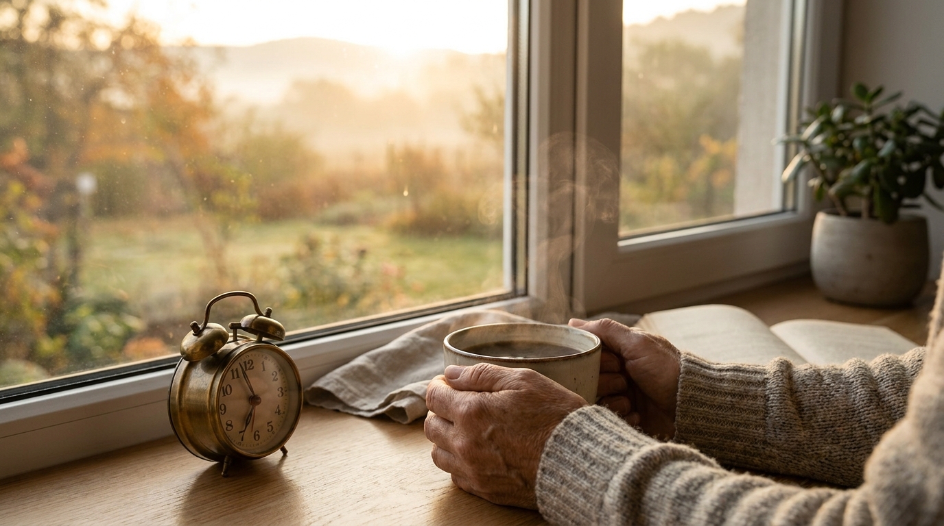 Kaffee und kleiner Wecker bei Sonnenaufgang