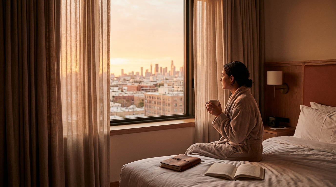 Sonnenaufgang durch ein Hotelfenster